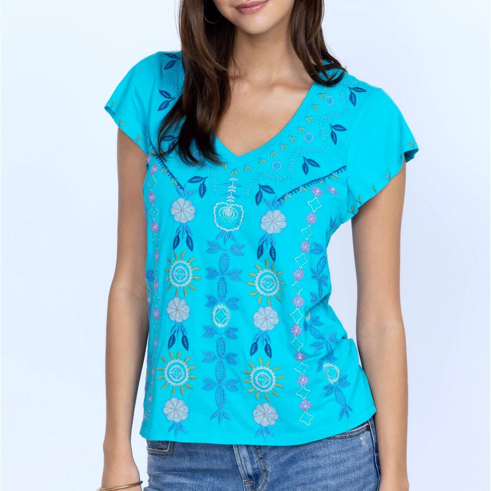 NWOT $160 Johnny Was Oriel Flutter Sleeve Tee Embroidered Turquoise XL